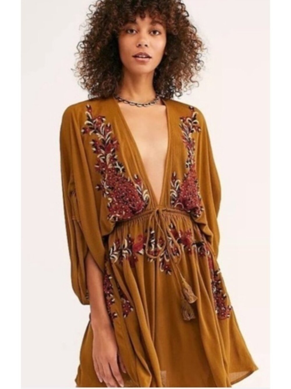 Free People Brown Pretty Pineapple Mini Dress Size S Deep V Embroidered